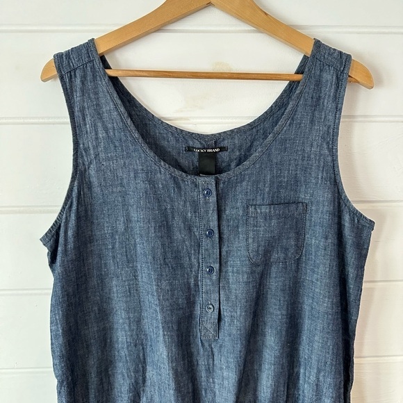 Lucky Brand Chambray Cotton Denim Romper Shorts Button Front Cinched Waist Sz L - Picture 2 of 11